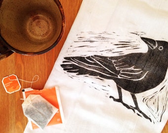 wood block print "hello crow" tea towel by color.joy