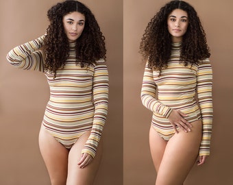 Sunny Side Up Striped Turtleneck Long Sleeve Bodysuit XS S M L XL XXL