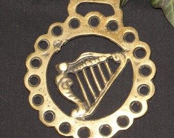 Vintage or Antique Celtic Harp, Horse Brass - For Bridget and Music - Folk Magic, British, Pagan, - Rare