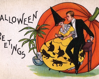 Halloween Greetings, giclee print reproduction of a vintage postcard