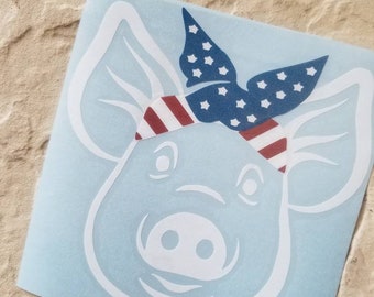 Pig with american flag bandana decal, pig with bandana decal, fourth of july decal, 'merica decal, patriotic decal, yeti decal, car decal