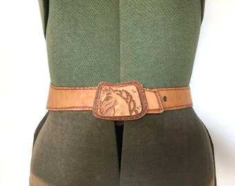 vintage 70s tooled leather belt light brown leather belt horse belt 1970s high waist belt equestrian belt leather belt leather belt buckle