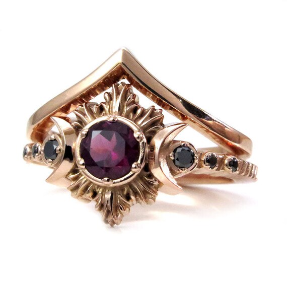 Rhodolite Garnet Moon Fire Engagement Ring Set - Triple Moon Goddess - 14k Rose Gold