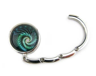 Purse Hanger, Purse Hook, Purse Holder, Folding, Photo, Magnetic, Glass, Fibonacci, Spiral, Sacred Geometry, Fractal, Teal, Blue Green