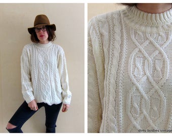 Fishermans Sweater | Oversized White Sweater | Vintage 80s Chunky Knit Pullover | Cable Knit Womens Large