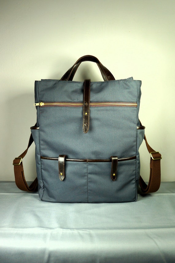 Hudson Backpack in Gray Canvas and Dark Brown Leather / Laptop