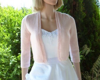 Light Pink Angora Wedding Sweater, Bridal Bolero , Shrug, Cardigan, Jacket .