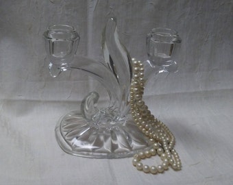 Vintage GLASS DOUBLE CANDLEABRA, Candleholder, 6" x 6.5", Elegant centerpiece, Wedding centerpiece,Vintage