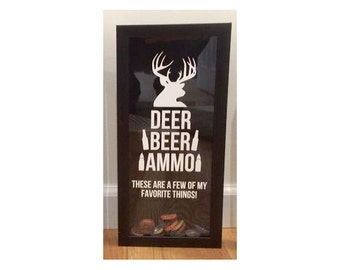 Deer, Beer, Ammo - A Few of My Favorite Things! - Bottle Cap Holder - Black Shadow Box (6" x 14") - Vinyl Decal Gifts, Home Bar Accessories