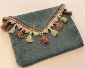Blue/Pink pouch with tassels