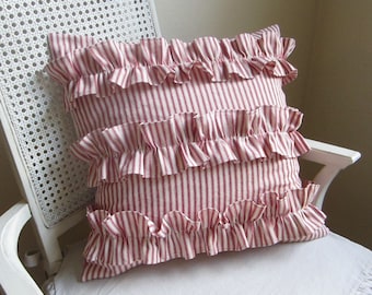 Ruffled red ticking stripe pillow cover