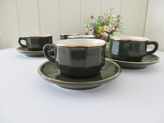 Apilco 1980\'s vintage coffee green and gold cup and Apilco 1980\'s vintage coffee green and gold cup and