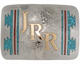 Custom Gold Initials Belt Buckle Inlaid Turquoise Coral Navajo Jewelry