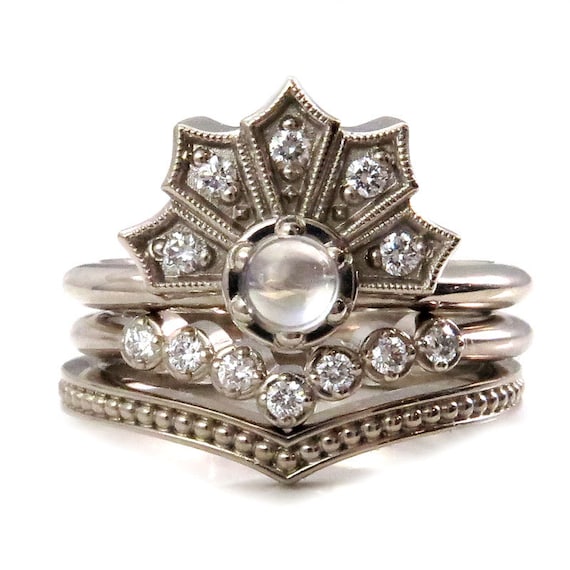 Moonstone and Diamond Fan Engagement Ring Set - Diamond and Millgrain Chevron Bands - Wedding Ring Set