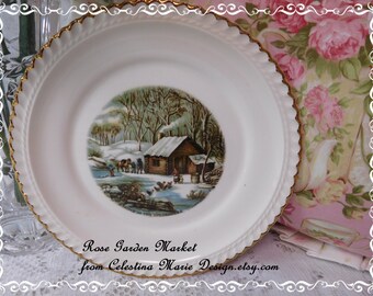 A Home In The Wilderness Plate, Beautiful Winter Scene with Gold Rim, Display, Currier and Ives, Collector Plate, ECS