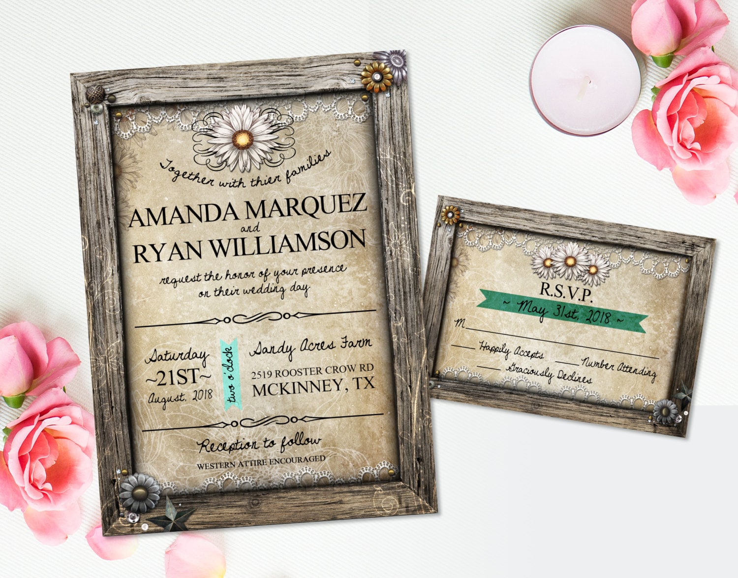 Rustic Wedding Invitation RSVP Card White Daisy Flowers DIY