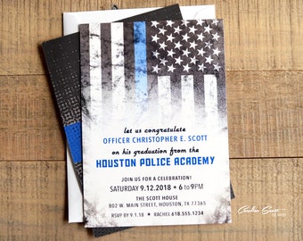 Police Party Graduation Invitation with Thin Blue Line American Flag Design, DIY Printable File