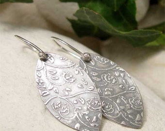 Dainty Country Rose Petal Earrings, Organic Sterling Silver Dangle Earrings, Folk Earrings, Oxidized Silver, Boho Earrings, Hippy Jewelry