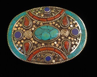 Oval Belt Buckle - Inlaid Turquoise, Lapis & Coral Stones in Tibetan Silver 7949