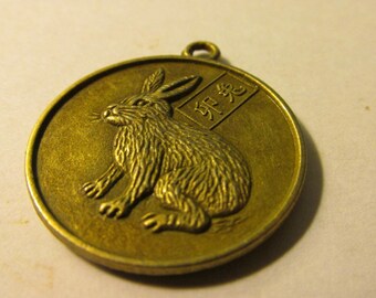 Bronze Tone Metal Year of the Rabbit Chinese Zodiac Charm Pendant, 1"