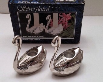 Wm Rogers Silver Plate Swan Candlestick Holders Original Box