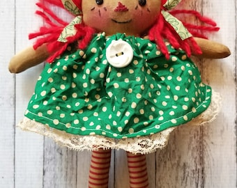 St. Patrick's Day Ornament Sized Annie - Primitive Raggedy Ann Dolls (HAFAIR)