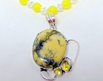 Yellow Jade Necklace - Citrine Necklace - Sterling Silver - Big Pendant Set With Citrines