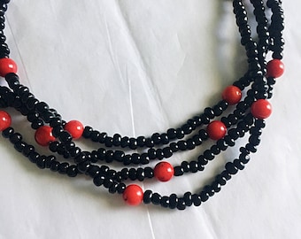 Beaded Wrap Necklace • Beaded Necklace • Wrap Necklace • Black Beaded Necklace • Black and Red Beaded Necklace • Long Beaded Necklace