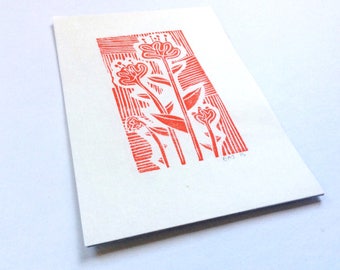 linocut - FLOWERS // 4x6 art print // printmaking // block print // nature art // red orange // wildflowers // original art // miniature