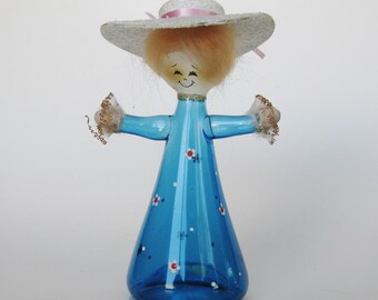 Vintage Hand Blown Italian Art Glass Blue Lady with Hat Christmas Tree Ornament
