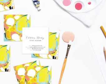 PSYCHEDELIC Aqua + Chartreuse Marble Calling Cards | Business Cards | Blogger Cards | Set (50)