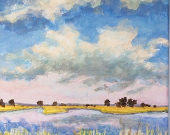 Lakeside Morning - Original Landscape Painting on Canvas Clouds and Water Reflection Soft Light 8x8