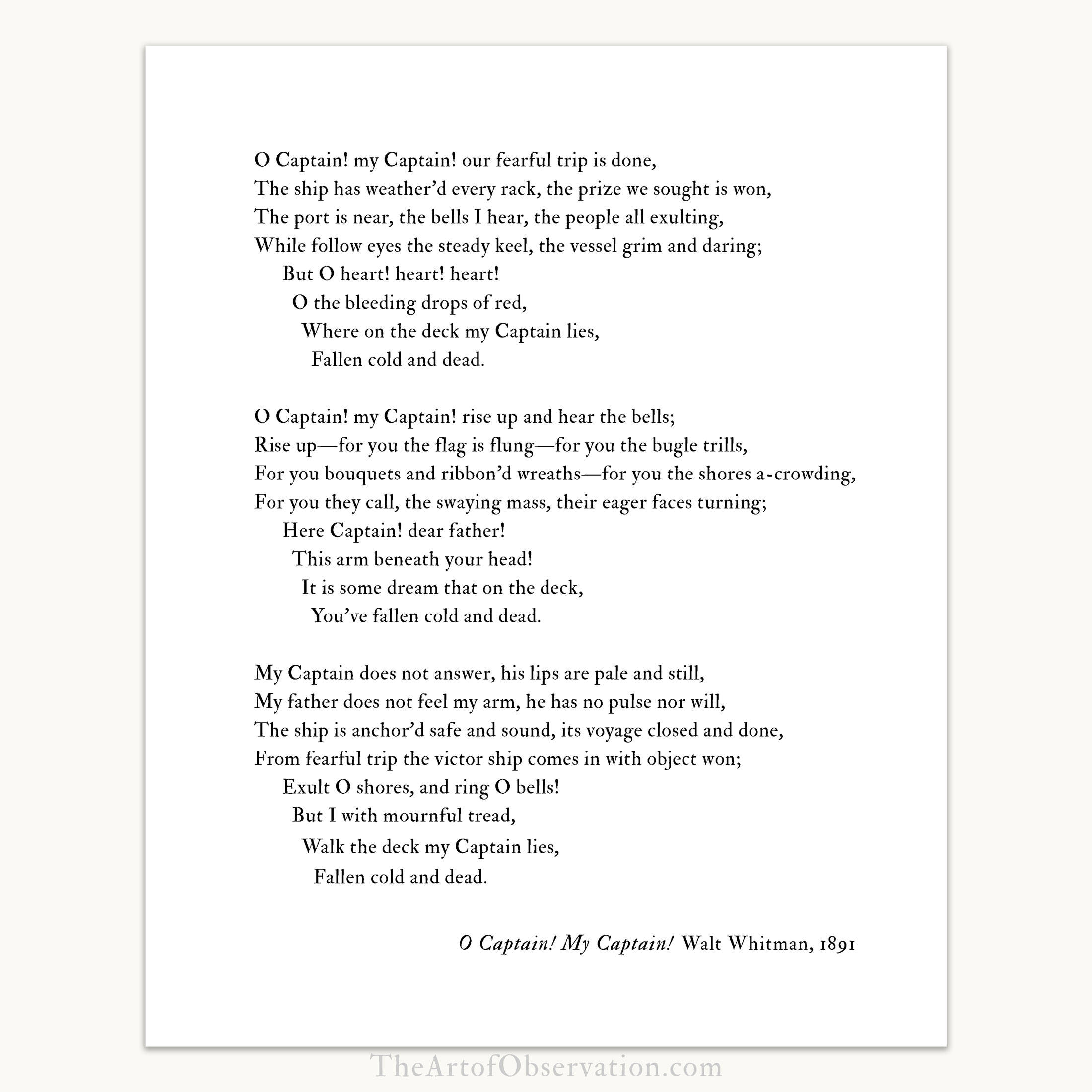 Walt Whitman Poem O Captain My Captain Poem Print Walt Whitman Poem O Captain My Captain Poem Print