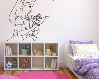 Wall Sticker Decals Alice In Wonderland Cartoon Rabbit Tea Time Cheshire Cat Girl Nursery Bedroom 1370b
