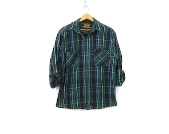 Green Plaid Shirt Cotton Flannel Lumberjack Button Up Pocket Oxford Vintage Rugged Boyfriend Shirt Men's Size Large