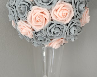 PINK BLUSH & GRAY Kissing Ball. Wedding Centerpiece. Flower Ball. Pomander. Wedding Decor. Flower Girl Bouquet.