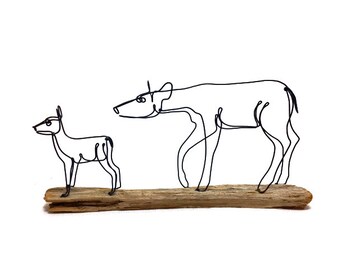 Doe and Fawn Wire Sculpture, Deer Sculpture, Wildlife Art, Minimal Sculpture, Wire Folk Art, 585573688