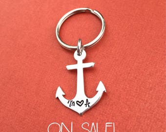 30% OFF! Initials Hand Stamped Anchor Keychain, Wedding Gift, Nautical Accessories, Couple Gift, Married Gift, Anniversary Gift, For Her Him