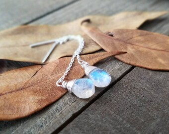 Rainbow moonstone earrings - ear threaders - threader earrings - silver chain earrings - rainbow moonstone jewelry - silver ear threads