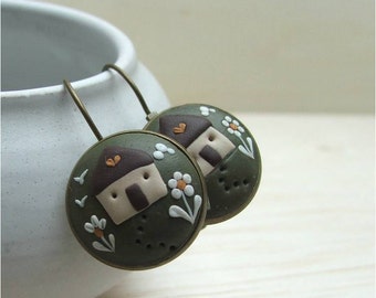 Home Sweet Home Earrings- House Earrings- Cottage House Jewelry- Polymer Clay Jewelry- Green Earrings- Green, White, Brown
