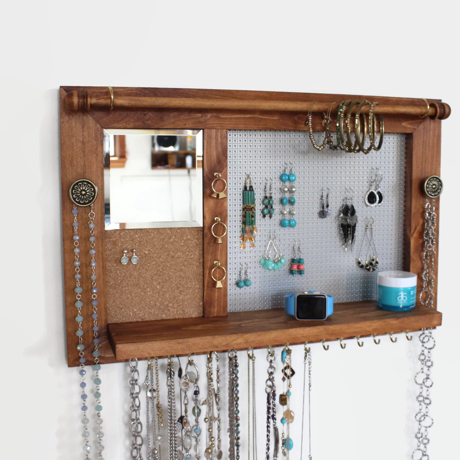 Jewelry Rack Wooden Wall Hanging Jewelry Shelf with Mirror