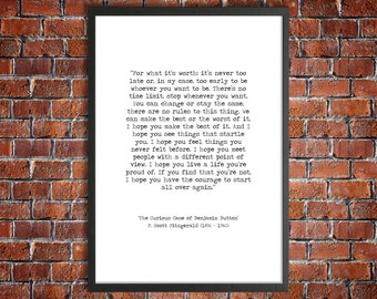 F Scott Fitzgerald Printable Quote 'It's Never Too Late' Benjamin Button Instant Download Inspirational Print Hand Typed Life Poster