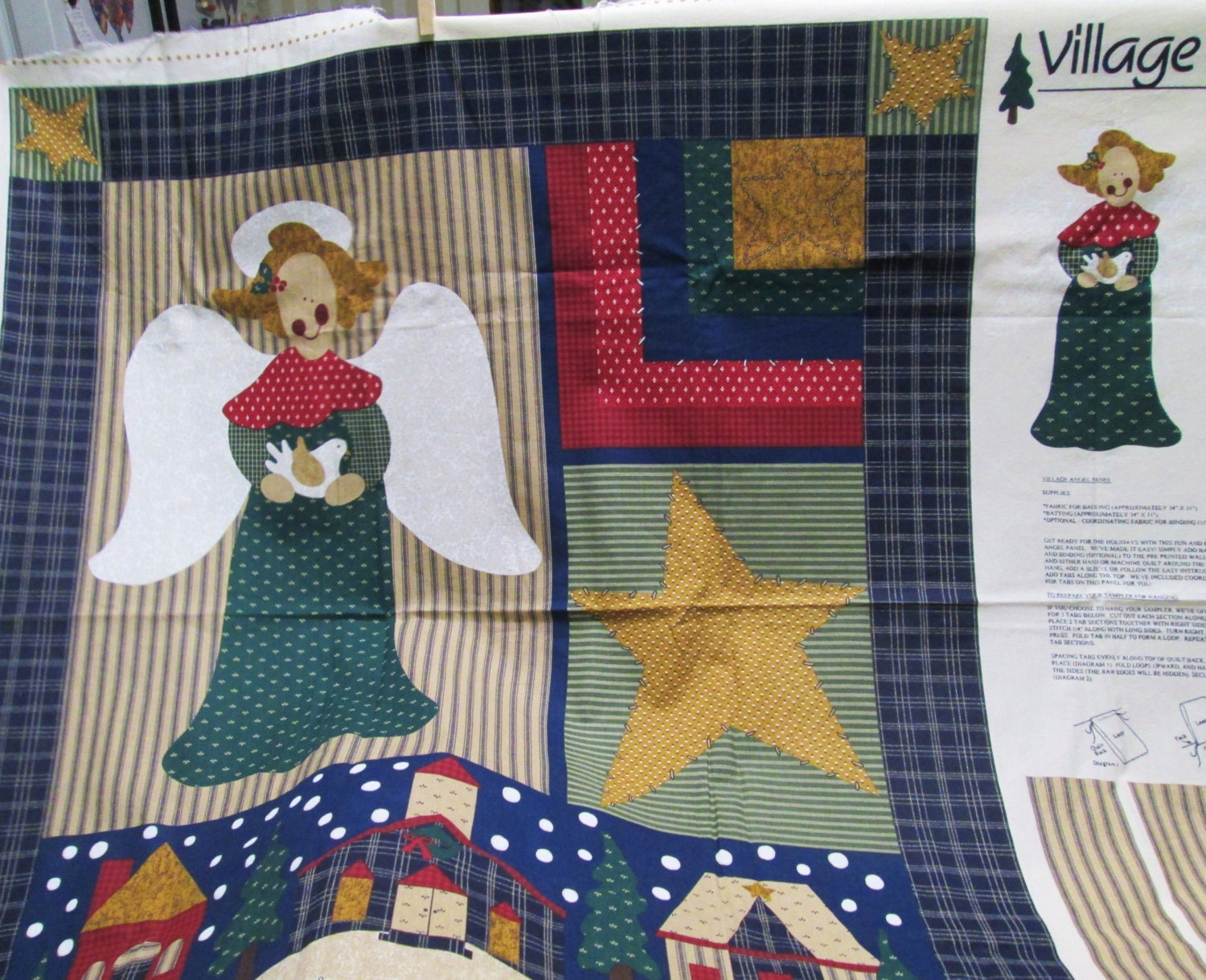 Village Angel Wall Hanging or Lap Quilt Vintage Fabric Panel