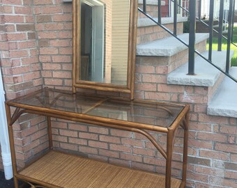 SOLD —- Vintage Bamboo and Rattan Console and Mirror Set