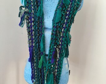 sale Deep sea green aqua shades Recycled silk hand knitted boho tattered rag scarf