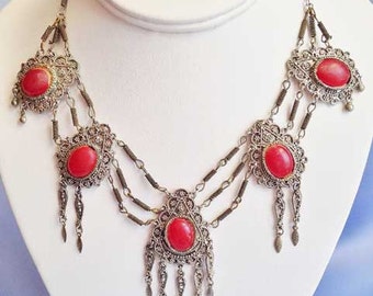 Fabulous 1970s FILIGREE Silver & Cabachon BIB NECKLACE