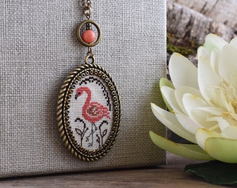 Pink flamingo necklace, Cross stitch flamingo pendant, Coral pink bird pendant, Bird necklace, Cross stitch jewelry, Embroidered necklace
