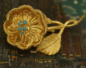 Vintage Unique Flower Turquoise Glass Pin