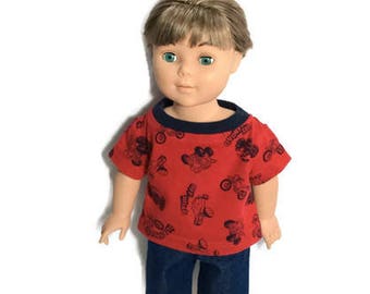 18 Inch Boy Doll T-shirt with Jean Shorts, Red Dirt Bike, Off Road T-shirt and Blue Denim Shorts, 18 Inch Boy Doll Clothes, One of a KInd