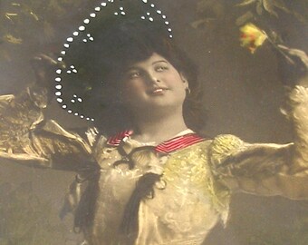 1900s Danish postcard Edwardian lady with rose. RPPC real photo, paper ephemera.